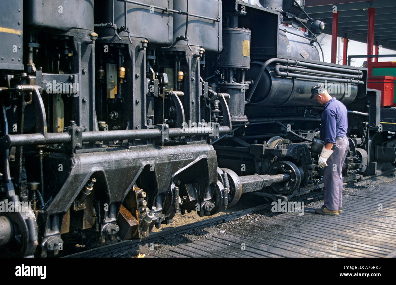 Engineer oiling bearings on steam locomotive Cass Scenic Railroad state