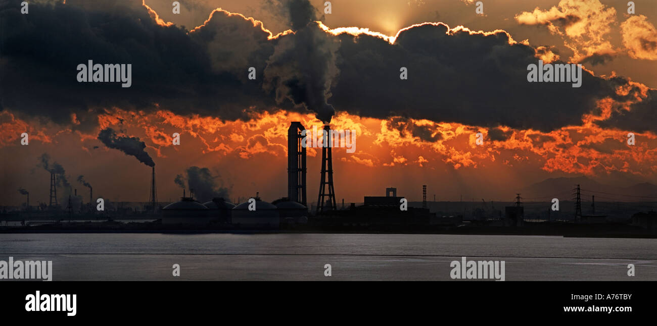 Industrial complex on the outskirts of Nagoya Japan Sunset panorama Stock Photo