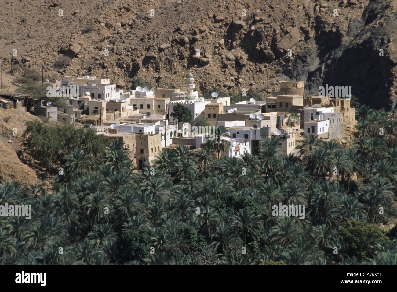 Wadi Tiwi Date Palms and Village, Oman Stock Photo