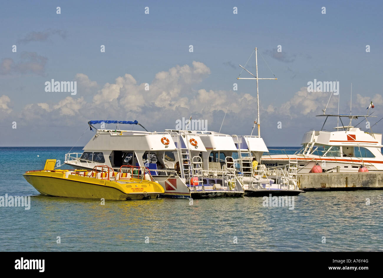 Cozumel Mexico San Miguel town dive and tour boats Stock Photo