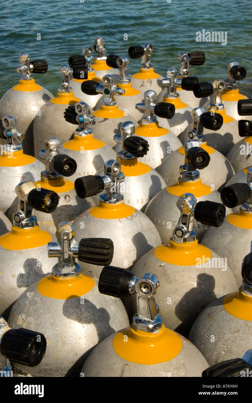 Scuba sport diving steel compressed air tanks Stock Photo