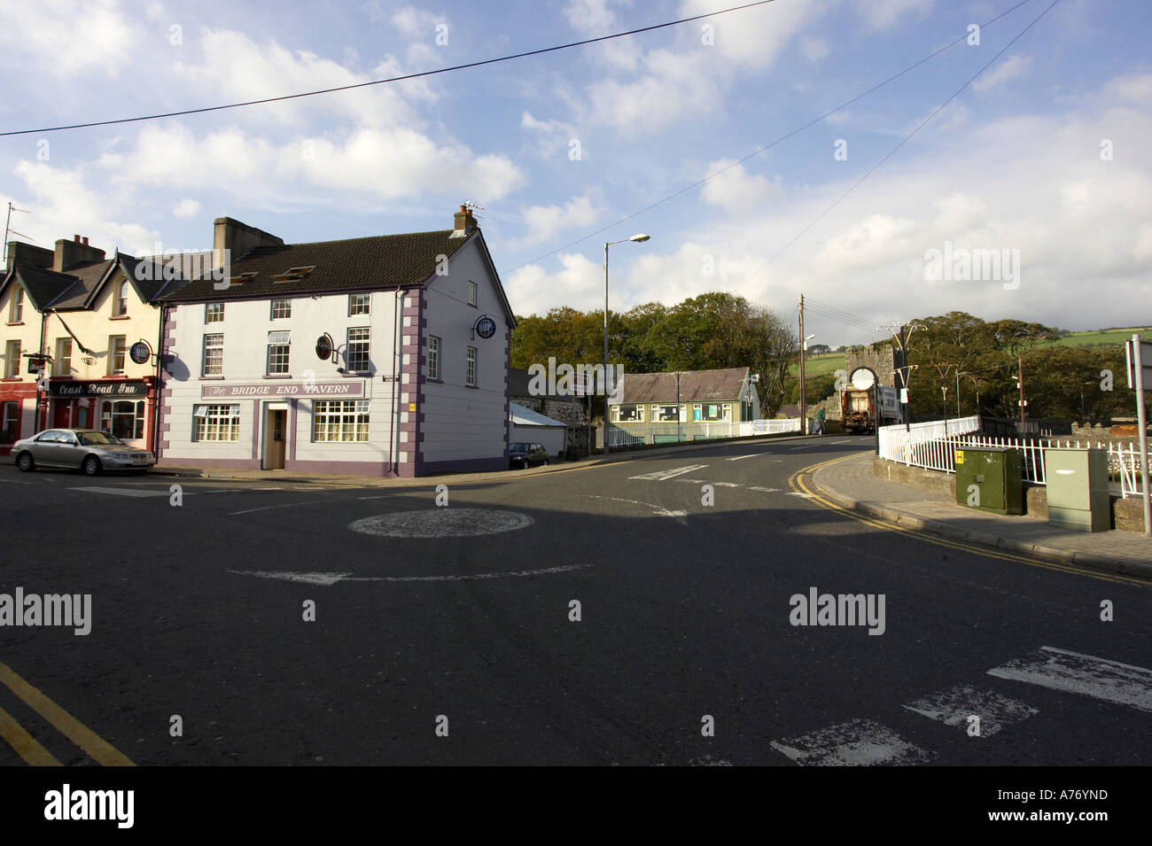 Roundabout on the main A2 coast road Glenarm Village county Antrim Northern Ireland Stock Photo