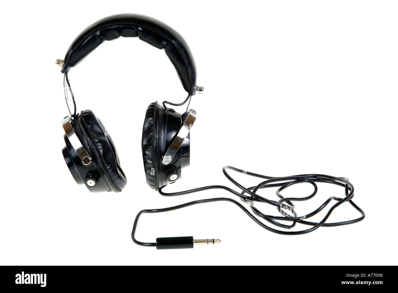 Black and chrome retro DJ headphones on a pure white background. Stock Photo