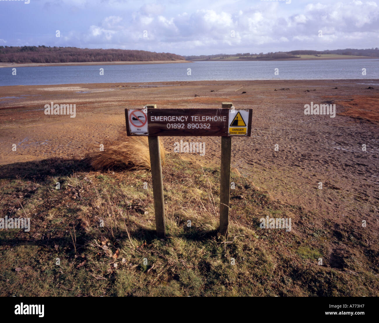 Sign where the water level used to be, Bewl reservoir, Kent, South of England, UK. Stock Photo