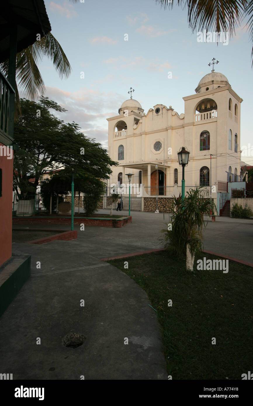 The church and main square in Flores Peten Guatemala Stock Photo