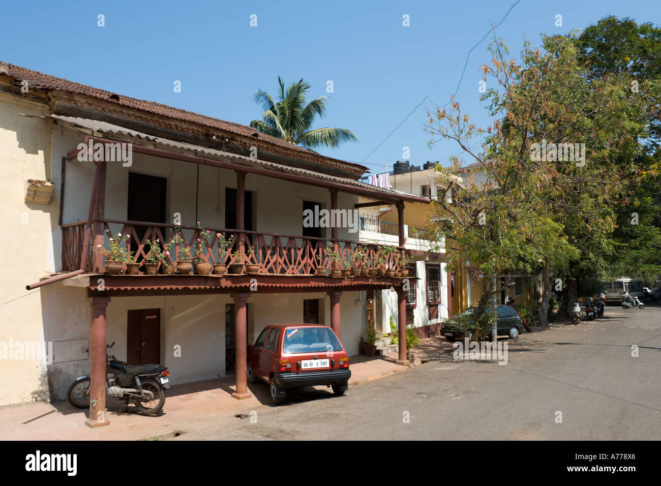 Houses in the old historic quarter of Fontainhas, Panaji or Panjim (the Goan capital city), Goa, India Stock Photo