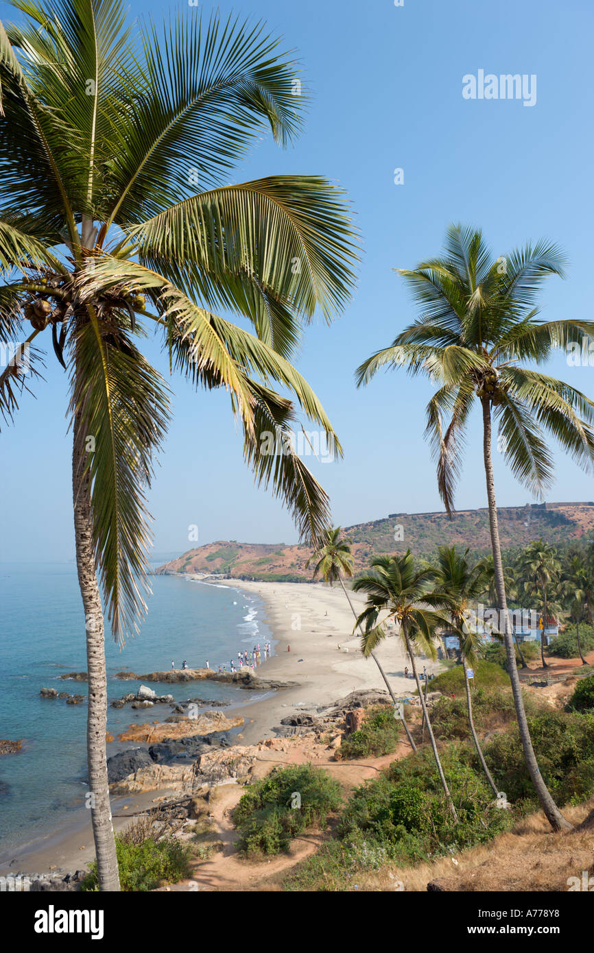 Vagator Beach with Chapora Fort behind, North Goa, Goa, India Stock Photo