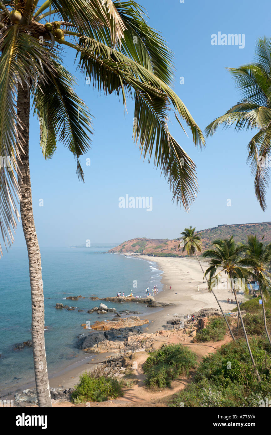 Vagator Beach with Chapora Fort behind, North Goa, Goa, India Stock Photo