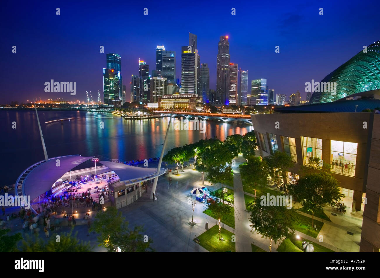 City view at dusk from the roof top promenade of Esplanade Theatres on the Bay, Singapore. Stock Photo