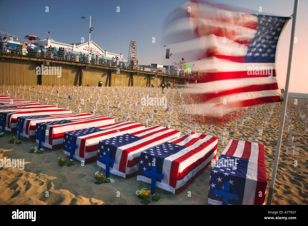 A graphic protest against the war in Iraq beneath Santa Monica Pier. Stock Photo