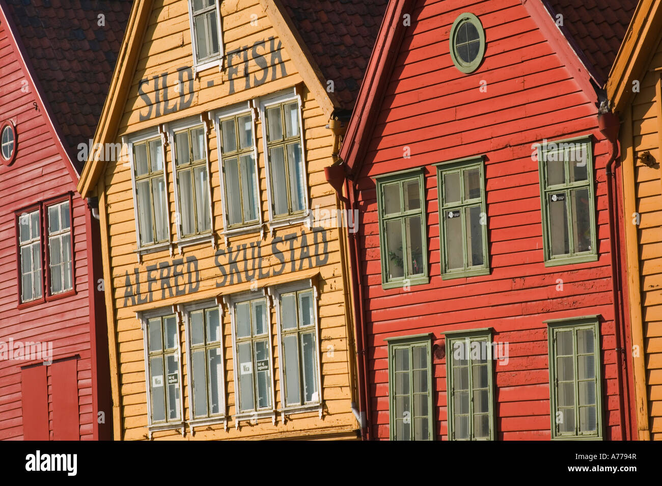 Close up of the ancient gables of Bryggen, the medieval quarter of Bergen. Stock Photo