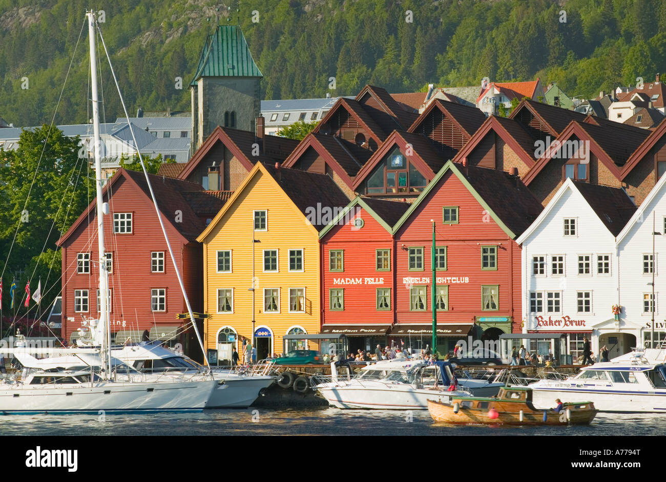 View across Vagen of Bryggen, the medieval quarter of Bergen. Stock Photo