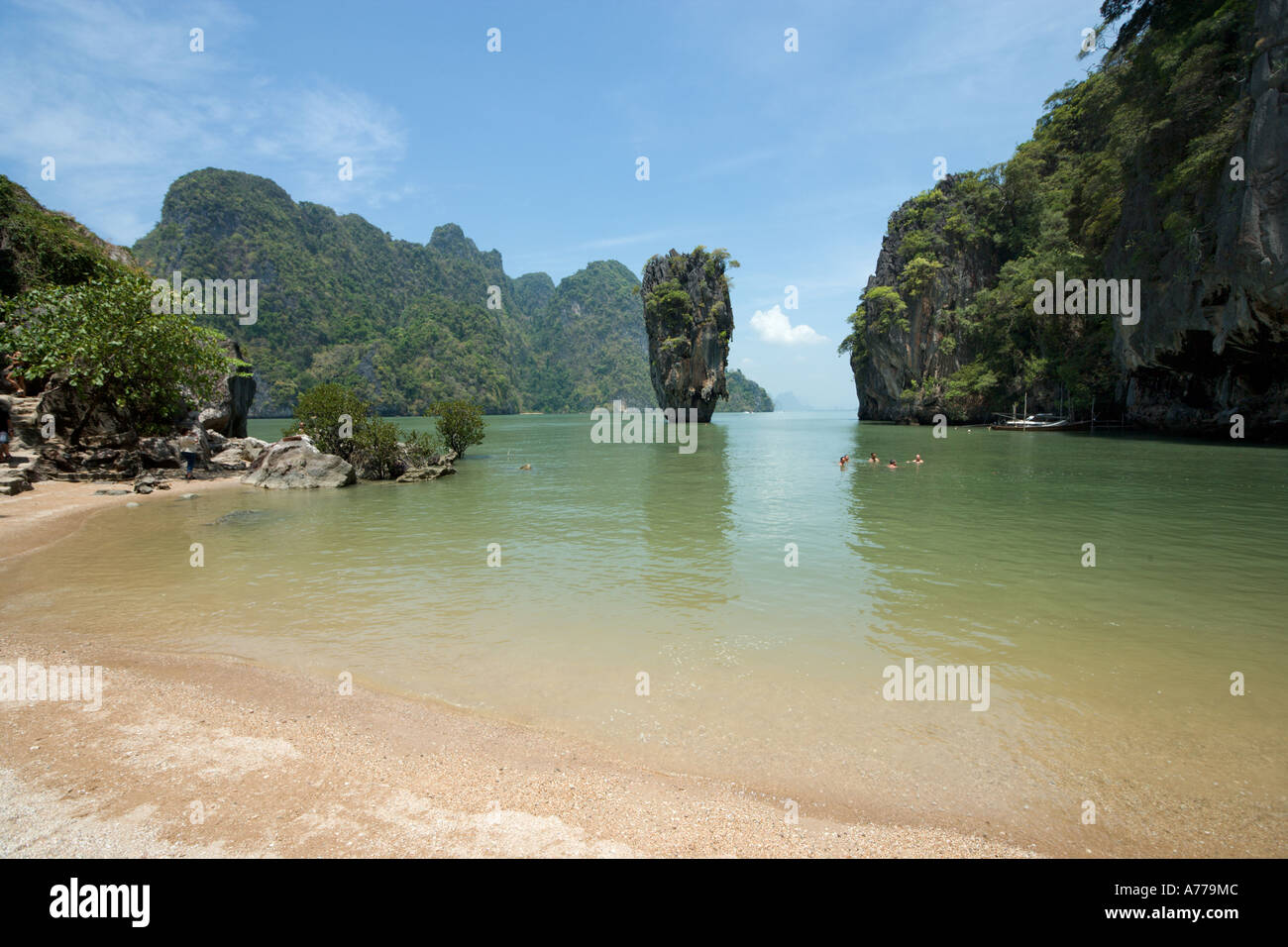 The beach and rocky outcrop of Ko Tapu on James Bond Island, Ao Phang Nga National Park, Phang Nga, Thailand Stock Photo