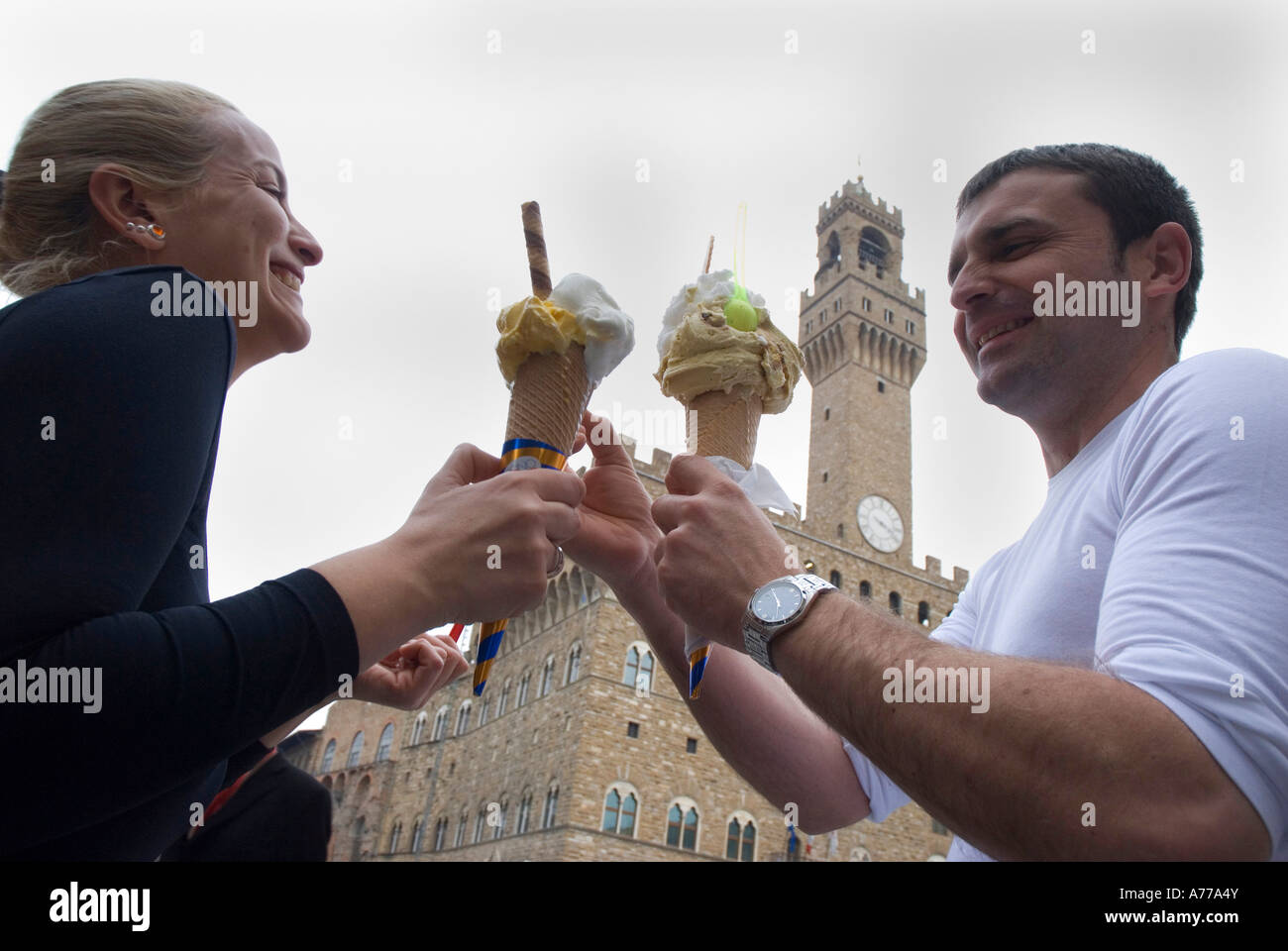 Ice cream in front of Palazzo Vecchio FLORENCE Italy Stock Photo