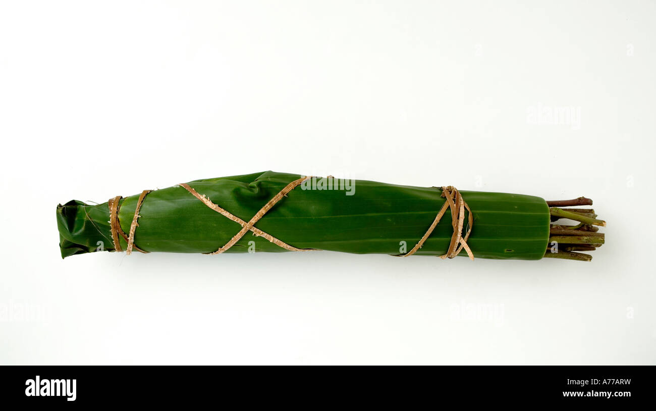 A wrapped bunch of Khat or Qat or Gat. Legally sold for £5 GBP or $10 US a bunch in the UK. Stock Photo