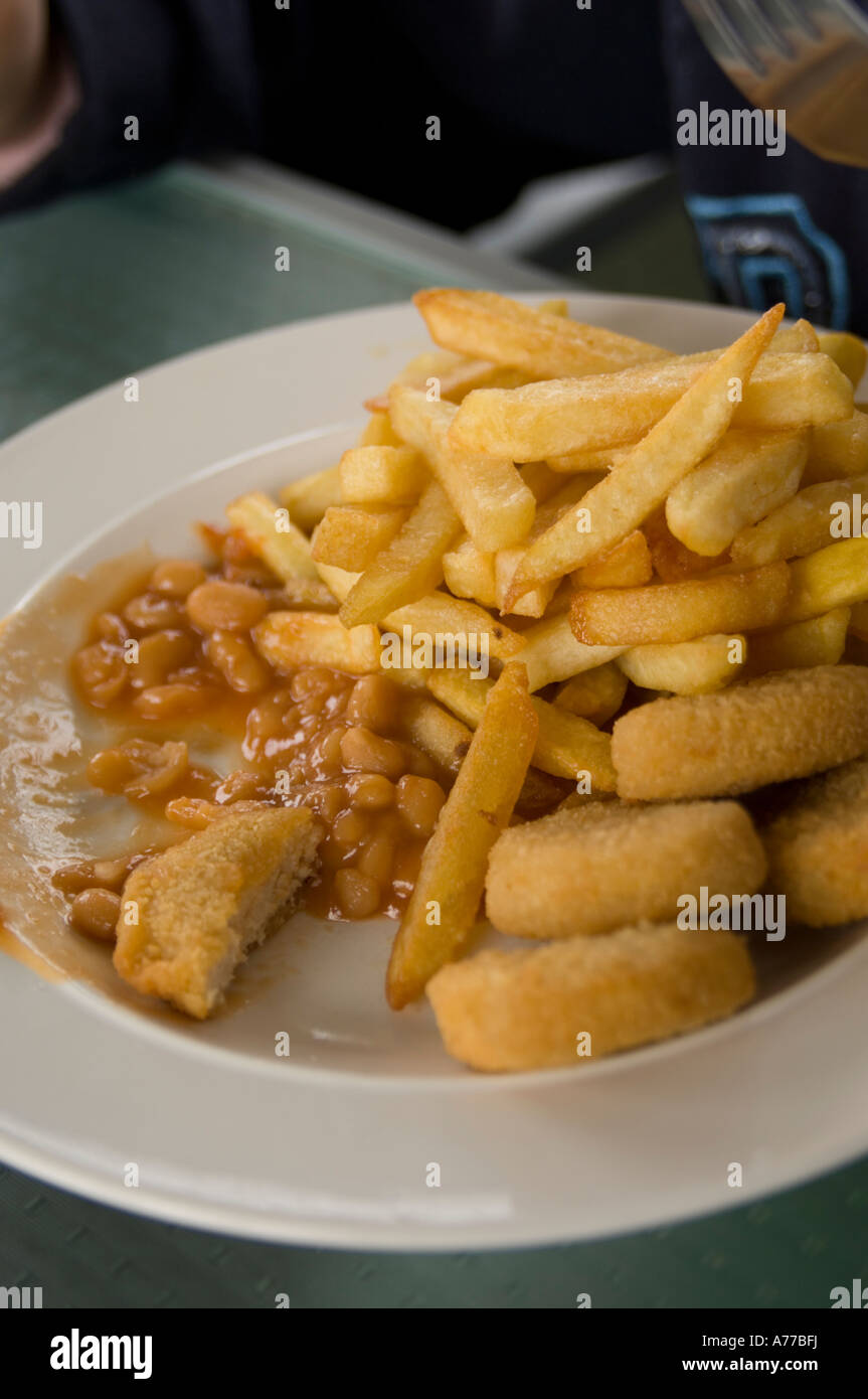 Plate Of Chicken Nuggets Chips And Beans Fatty Junk Food Uk Stock