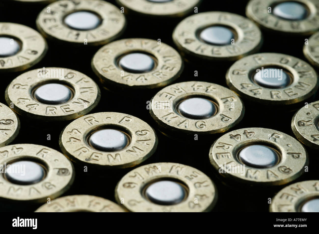 A close up image of live .44 magnum revolver rounds ready for firing Stock Photo