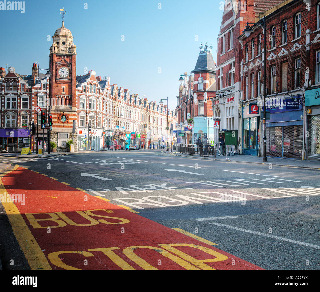 View of the Clock Tower on The Broadway in Crouch End, North London, UK