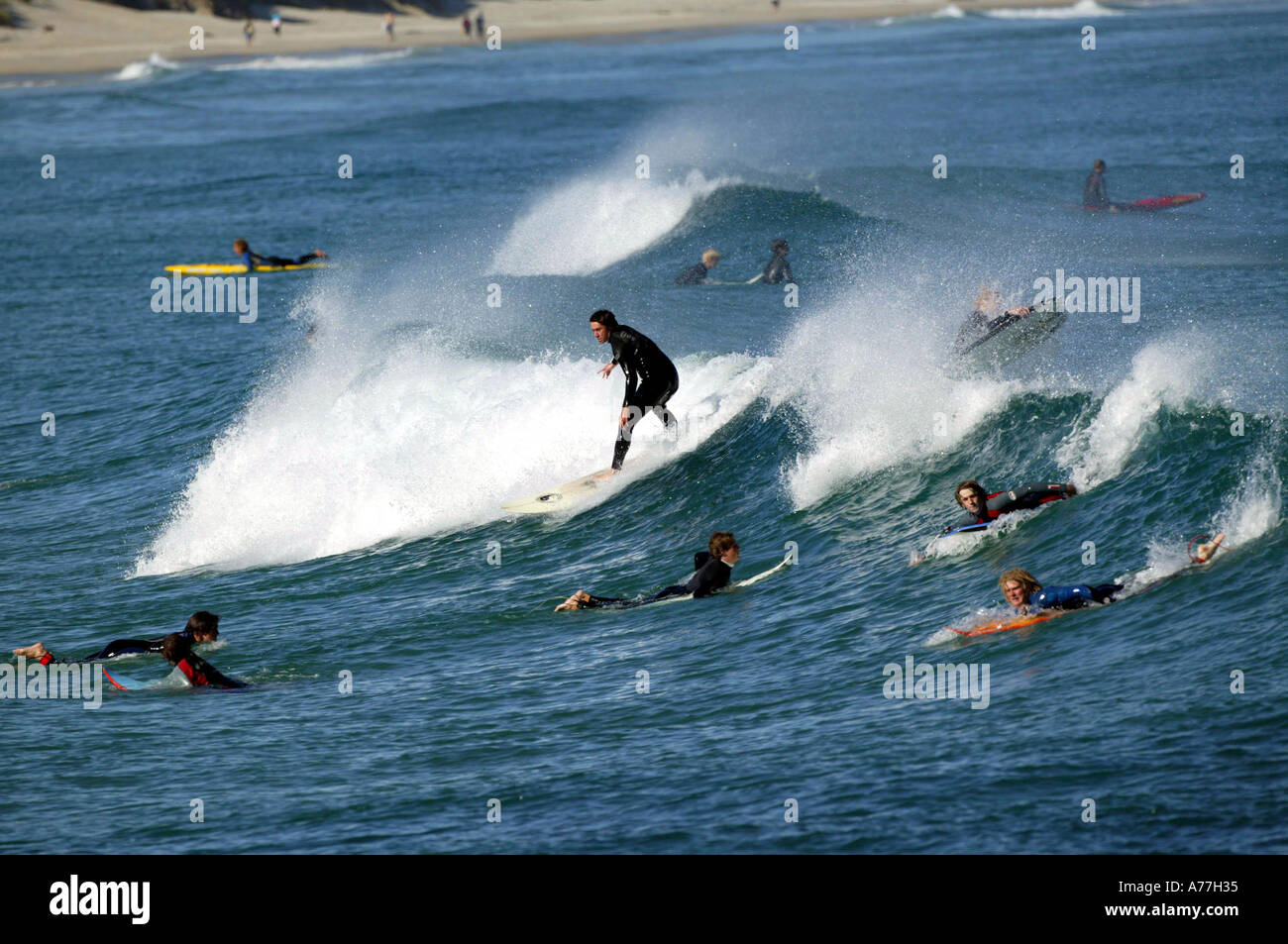 Surfing at St Clair Beach Dunedin New Zealand April 2004 Stock Photo