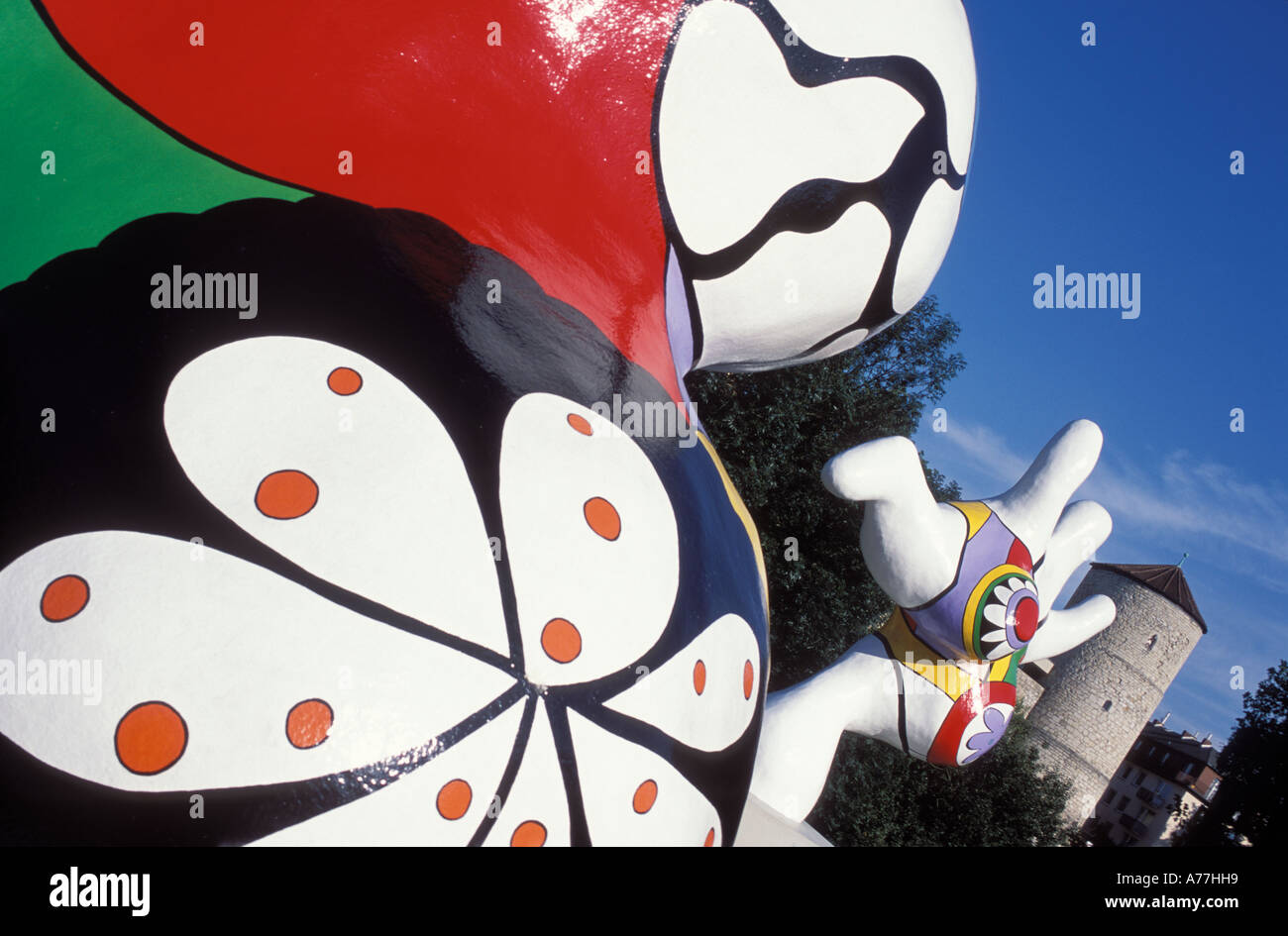Work of art called Nanas from Niki de Saint Phalle in front of Beginenturm Hanover Lower Saxony Germany Stock Photo