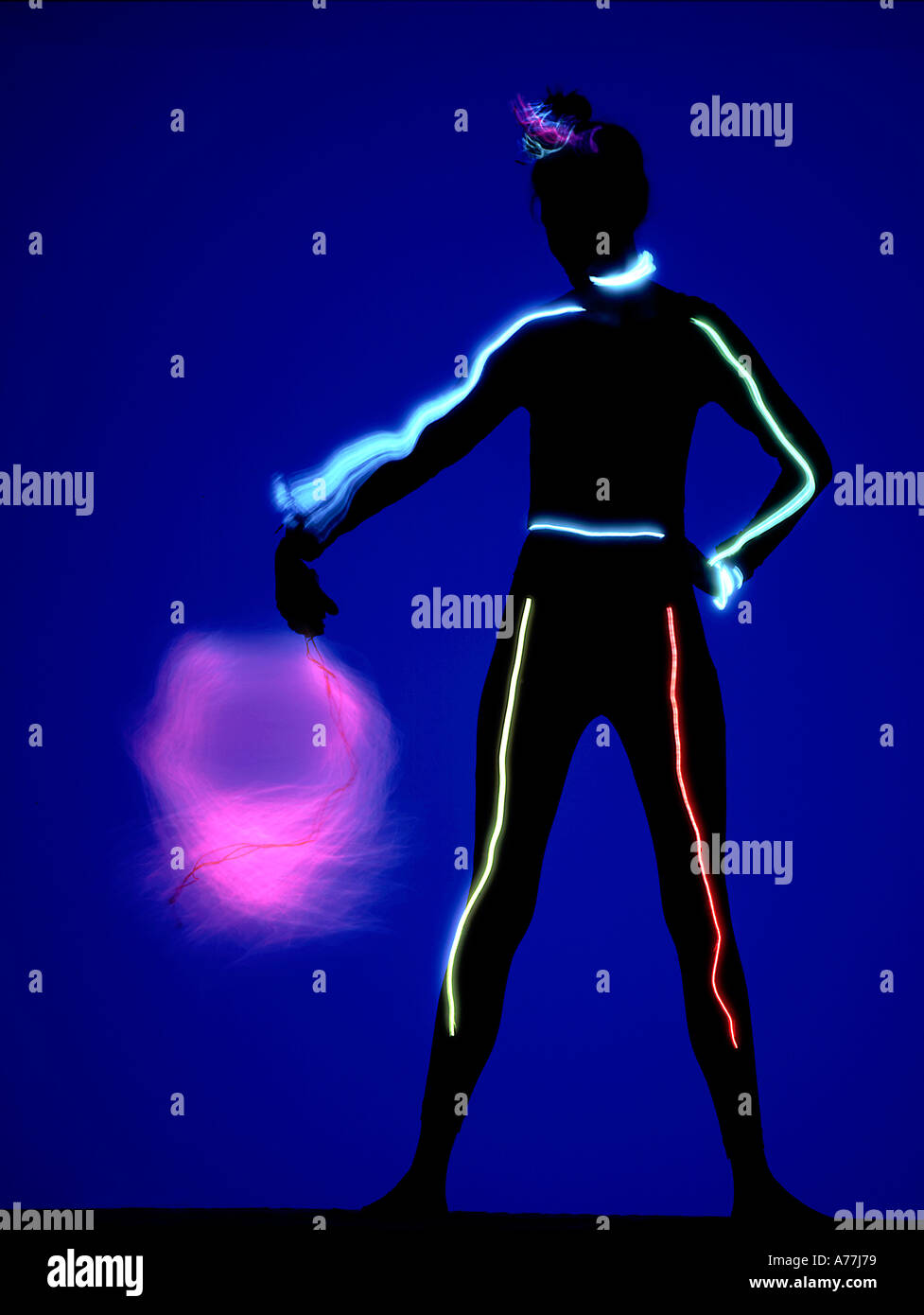 silhouetted figure with lights Stock Photo Alamy