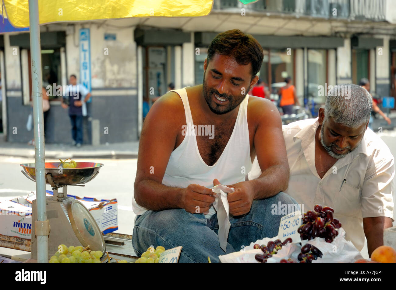 Mauritius island,Port Louis, Mauritian Men at Food Market Stock Photo