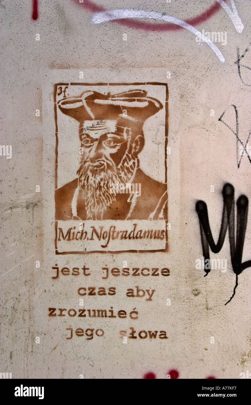Stencil graffiti of Michel Nostradamus in Prague Czech Republic Stock Photo