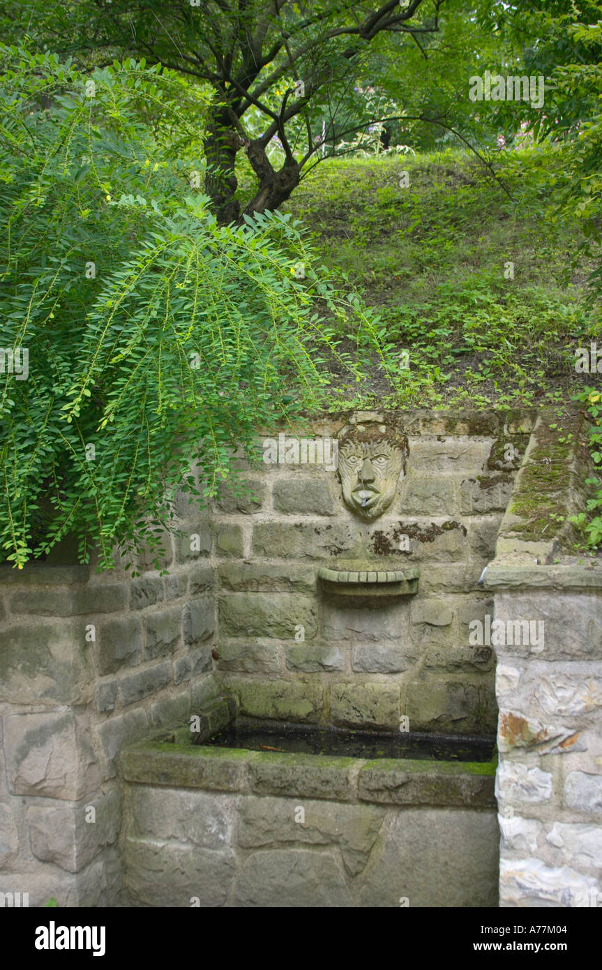 Water fountain with a satyr face sculpture, Prague Botanic Garden, Prague, Czech Republic Stock Photo