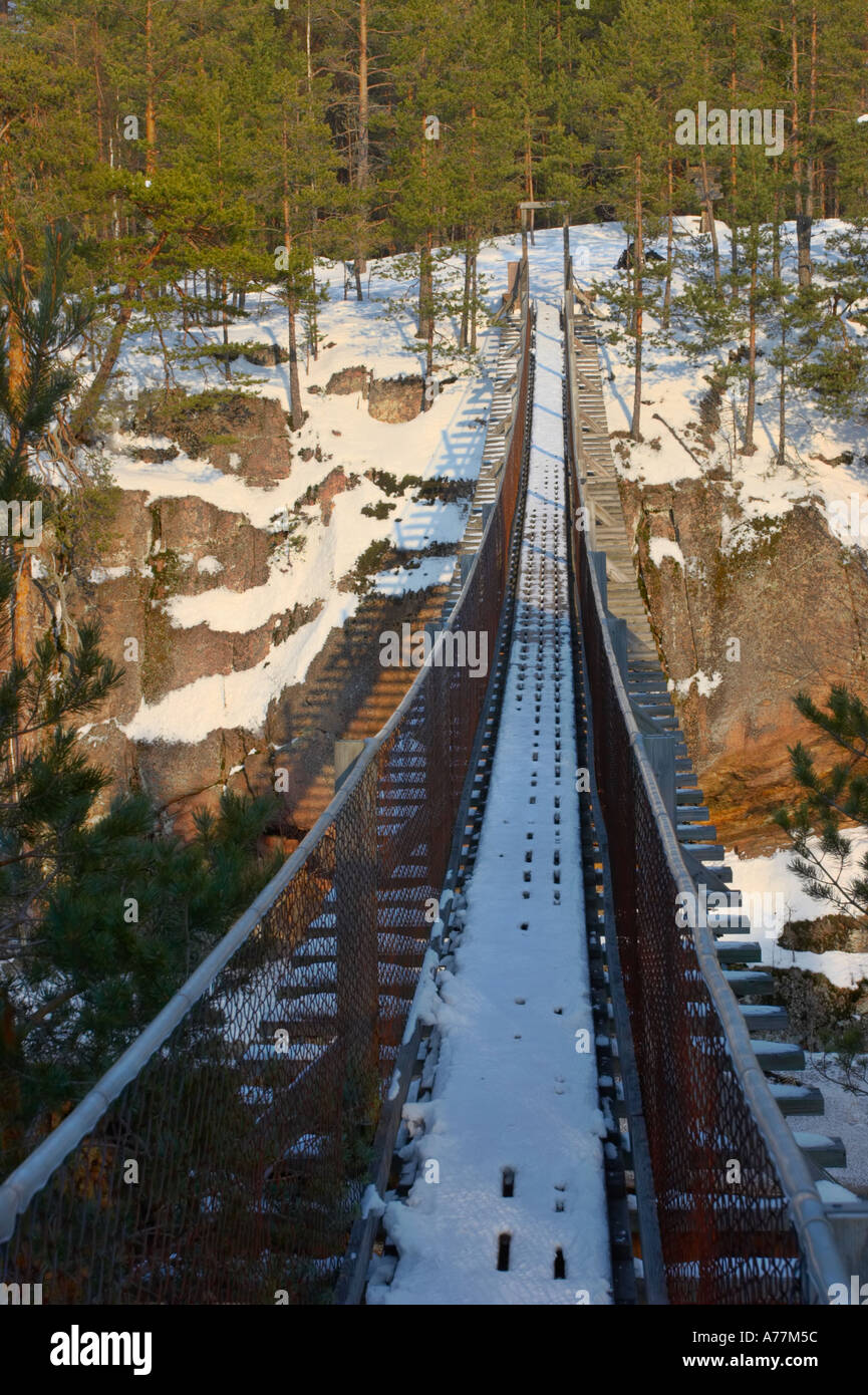 A hanging bridge over Lapinsalmi Sound, Repovesi National Park, Valkeala, Finland Stock Photo