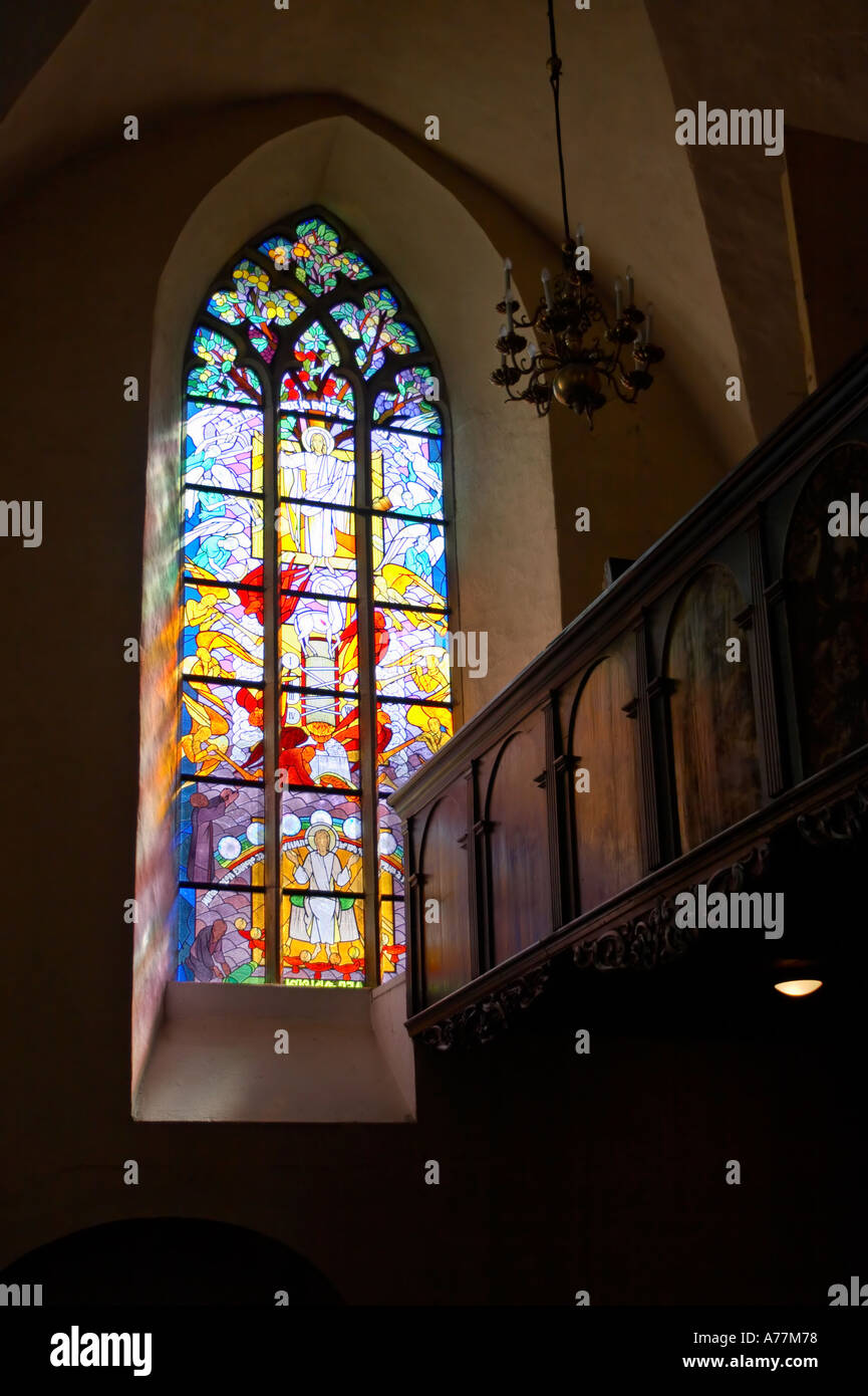 Painted glass window at the Puhavaimu Holy Ghost Church, Tallinn, Estonia Stock Photo