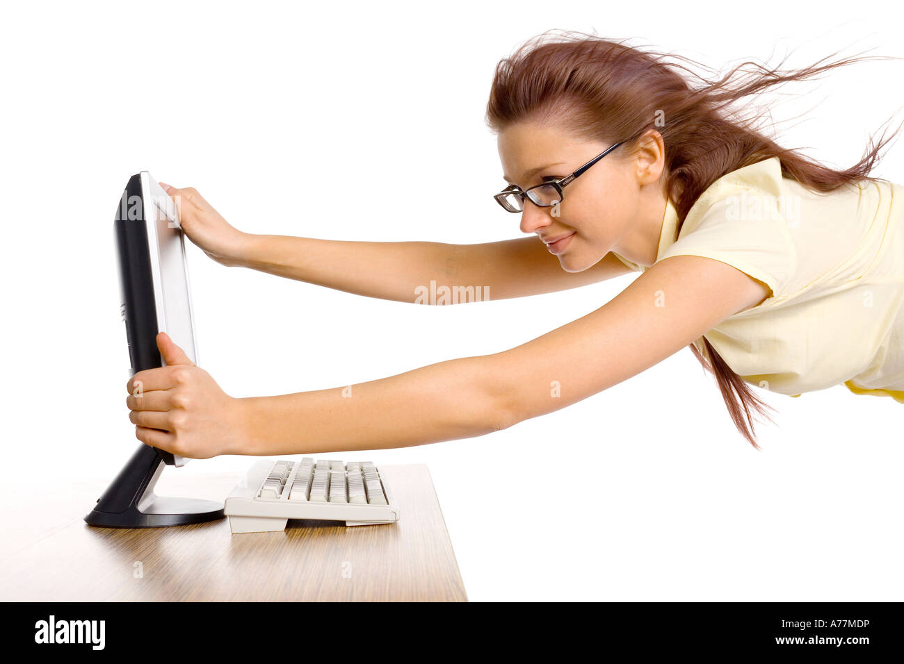 Woman s flying in the strong wind It s blowing from computer s screen ...