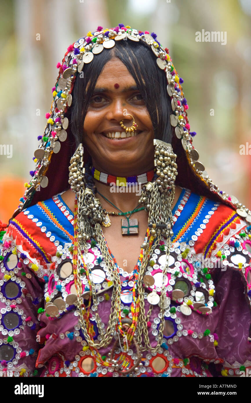 A portrait of a Lamani woman in full traditional dress at the Anjuna ...