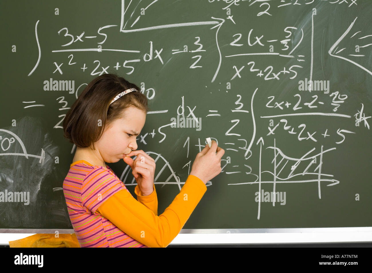 girl 11yo 11yo girl are standing with chalk in hand Looks hard thinking Next to her  there s greenboard with maths Stock Photo - Alamy