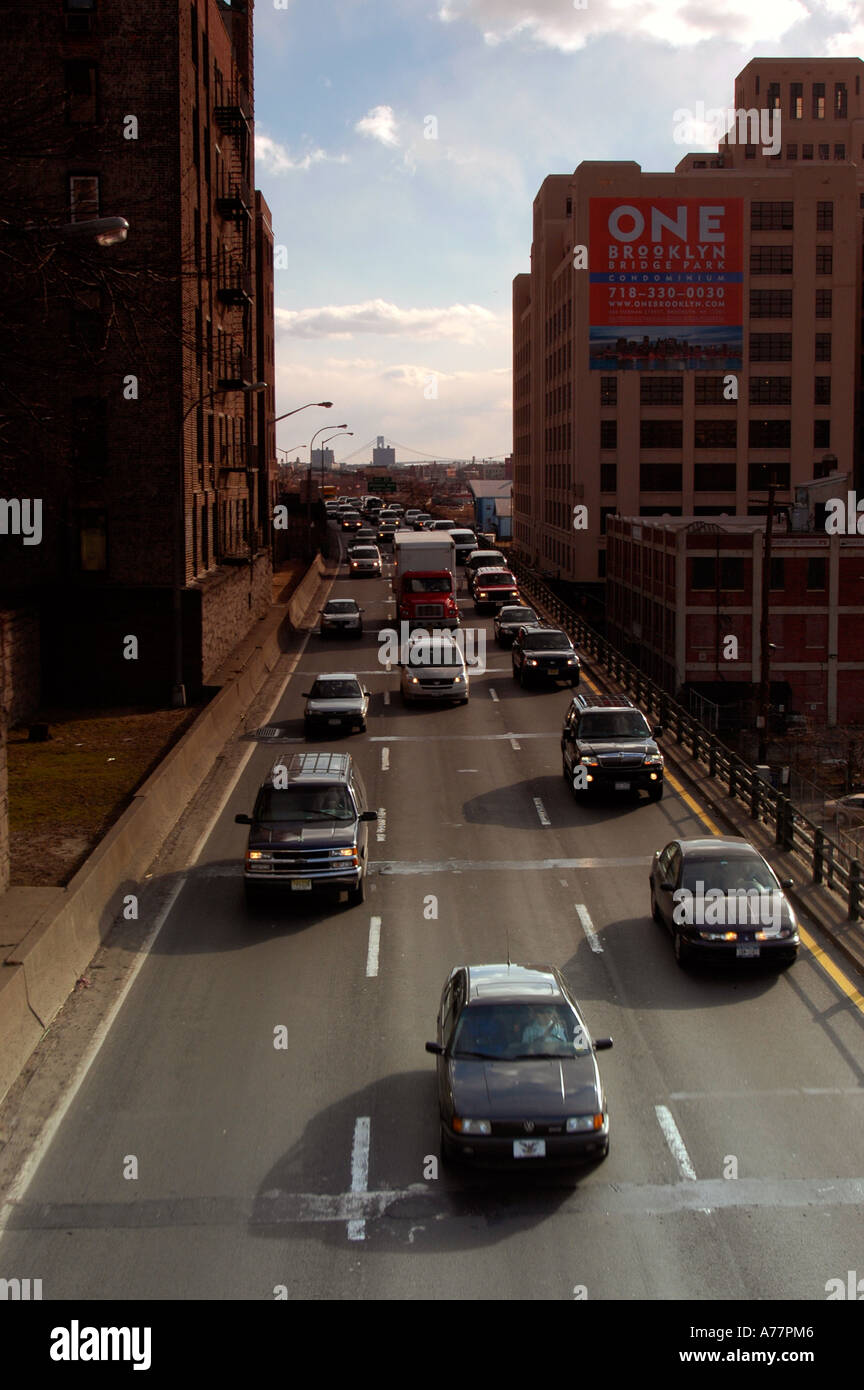 Traffic moves along the Brooklyn Queens Expressway a partially elevated