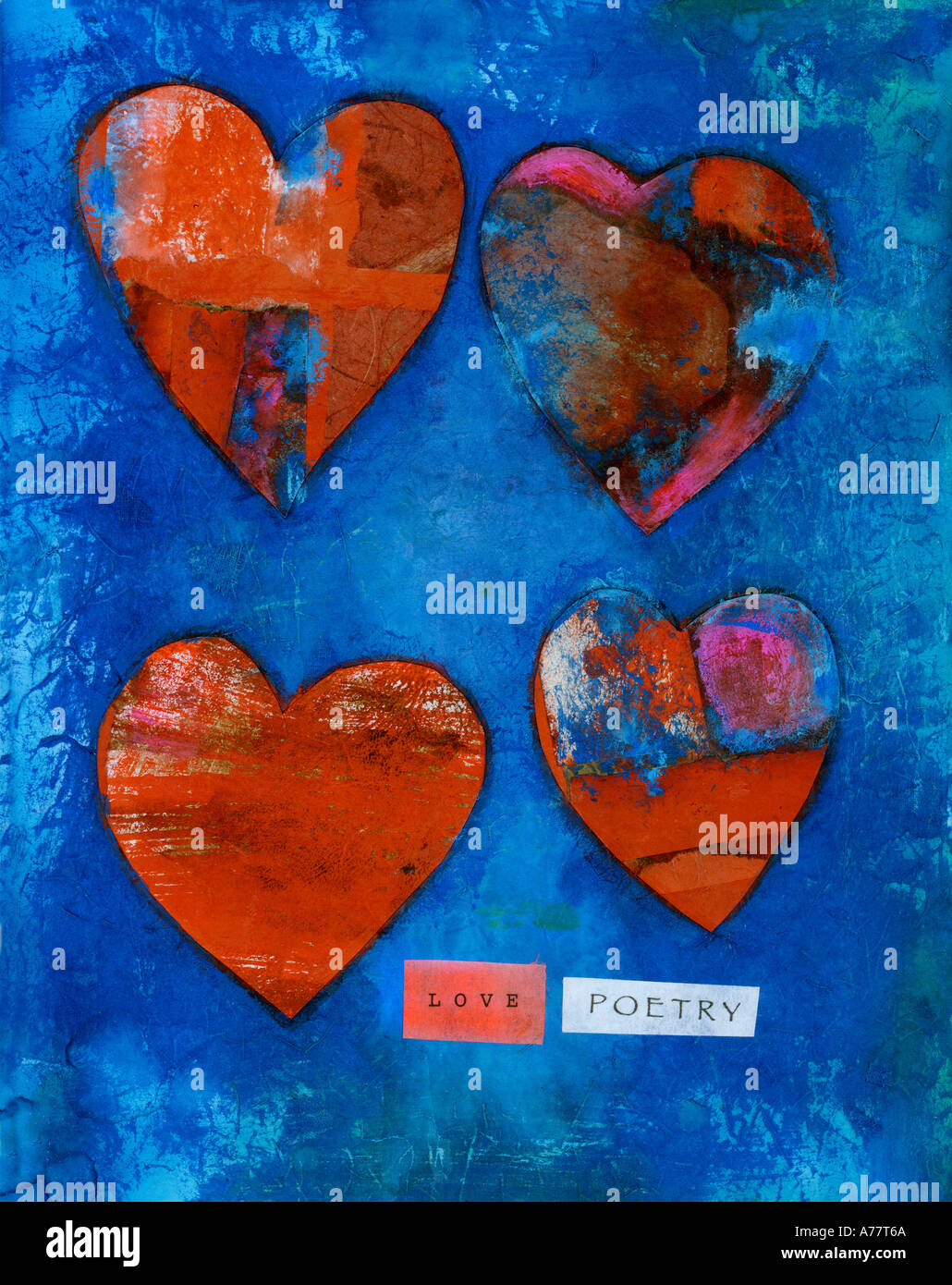 Mixed media collage of hearts with the words LOVE POETRY  Stock Photo