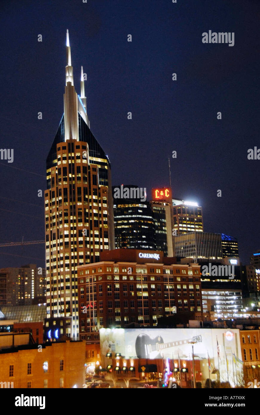 Night Skyline Cityscape of Nashville Tennessee with Bell South Tower TN