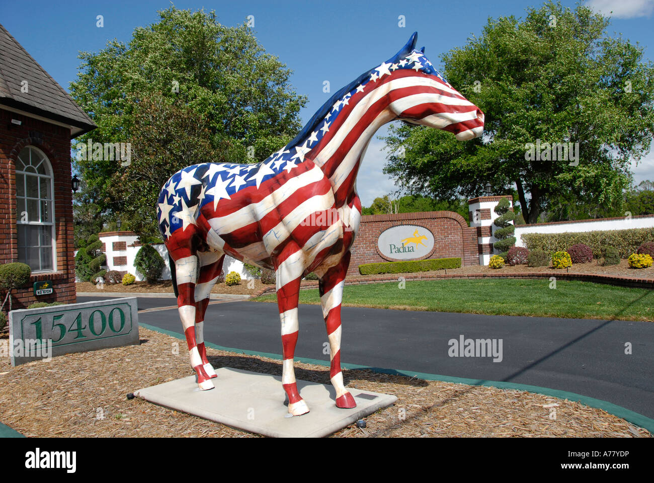Horse statue display honors the horse farming country at Padua horse farm surrounding Ocala Florida FL Stock Photo