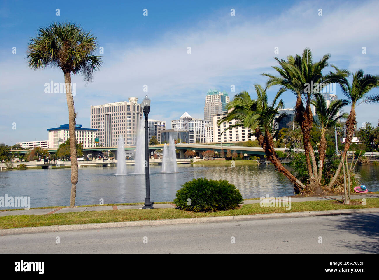 Skyline of Orlando Florida at Lake Lucerne Stock Photo