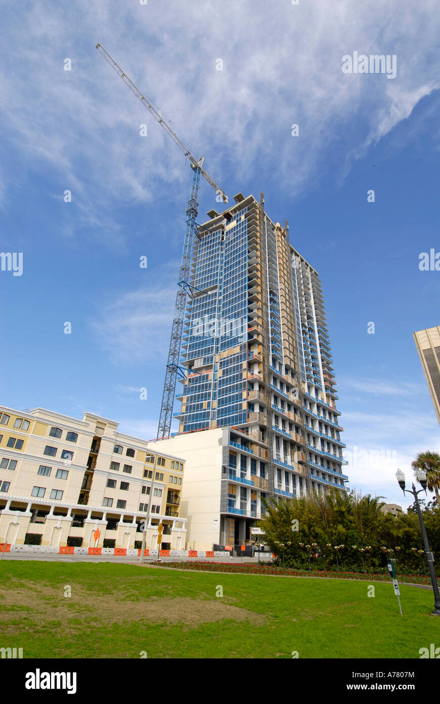 Changing Skyline in Downtown Orlando Florida Construction at Eola Lake Stock Photo