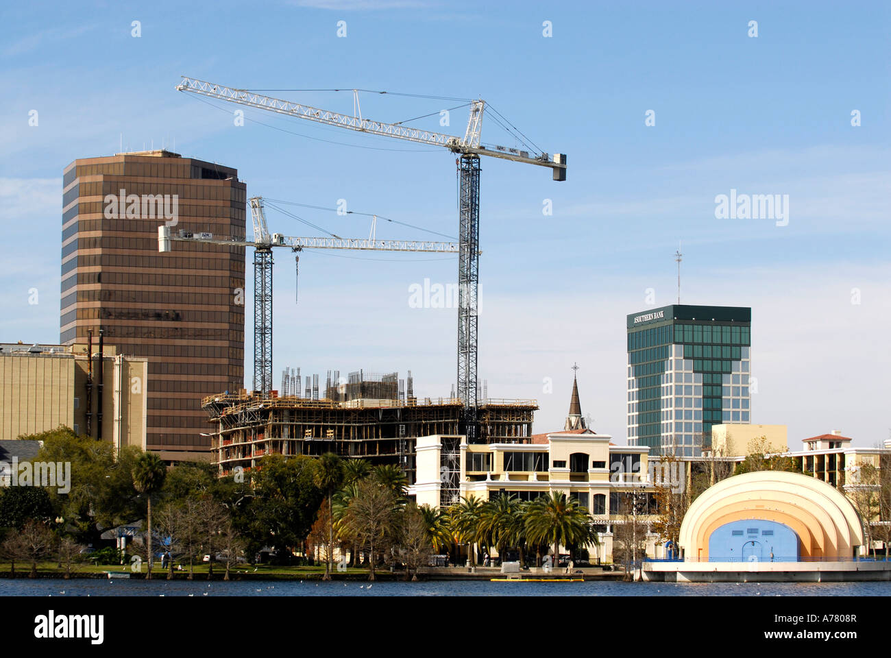 Changing Skyline in Downtown Orlando Florida Construction at Eola Lake Stock Photo