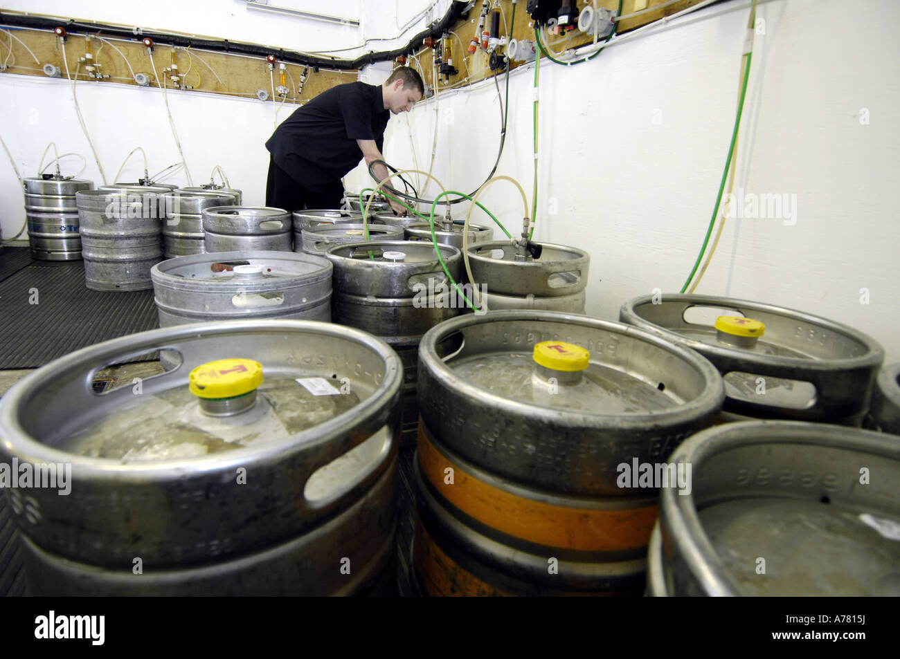 changing the beer barrels in pub cellar Stock Photo Alamy