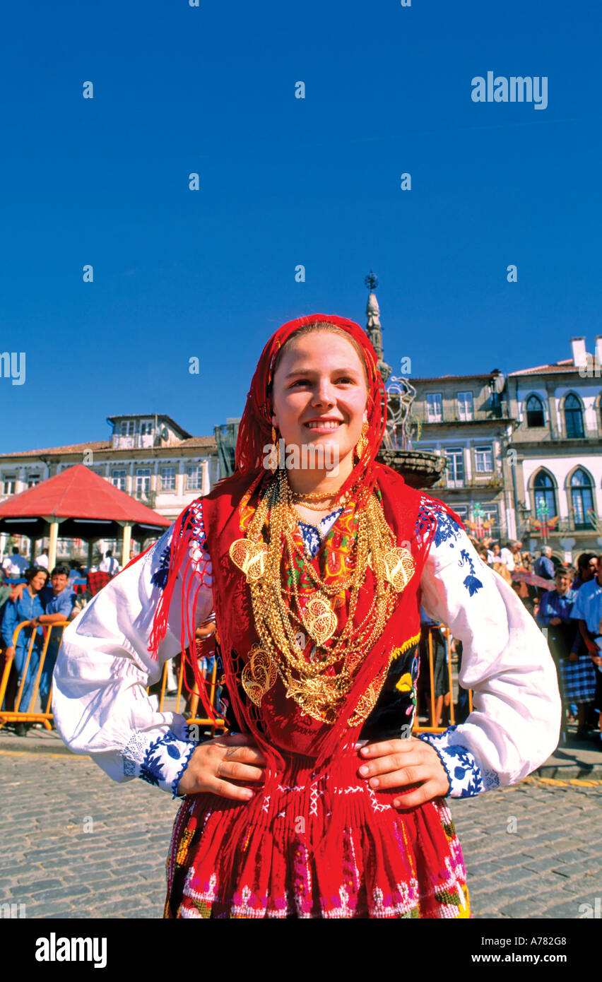 Girl at Feiras Novas, Festival with traditional costumes, Ponte de Lima, Minho, Portugal Stock Photo