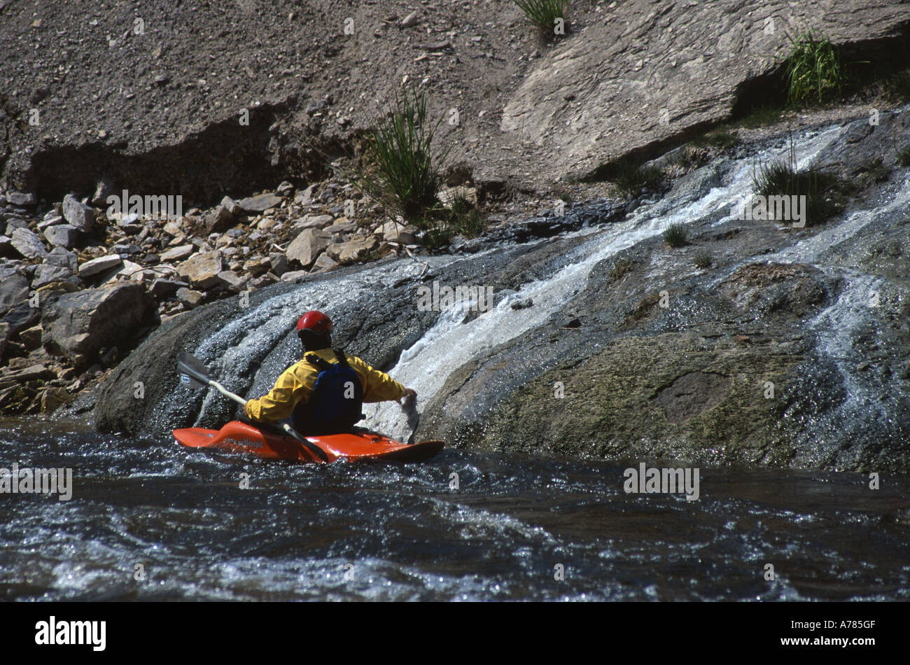 Man kayaking Yampa river, Steamboat Springs, Colorado, USA Stock Photo