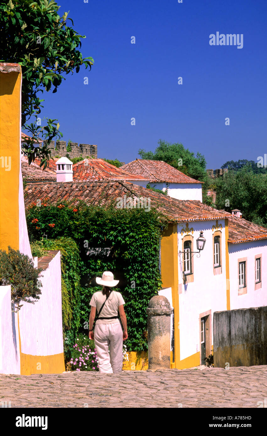 Lane and typical houses, Historical village of Obidos, Estremadura e Ribatejo, Portugal Stock Photo