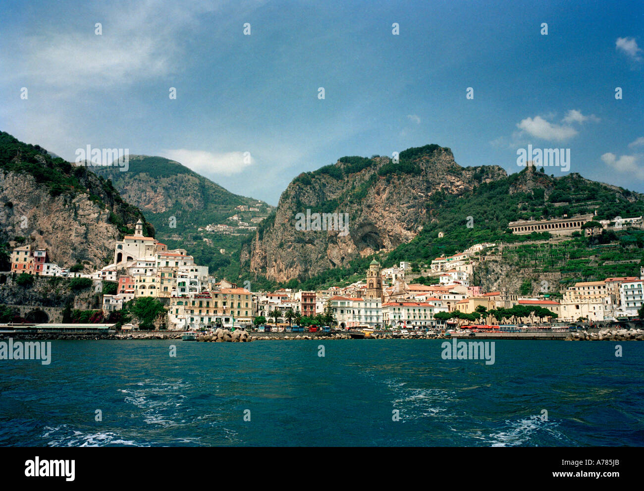 The medieval city republic of Amalfi seen from the sea Stock Photo