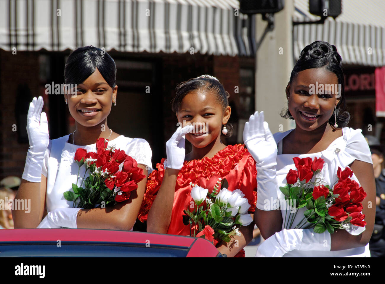 Young African American Beauty Queens Participate in Strawberry Festival Parade Plant City Florida FL FLA USA US Stock Photo