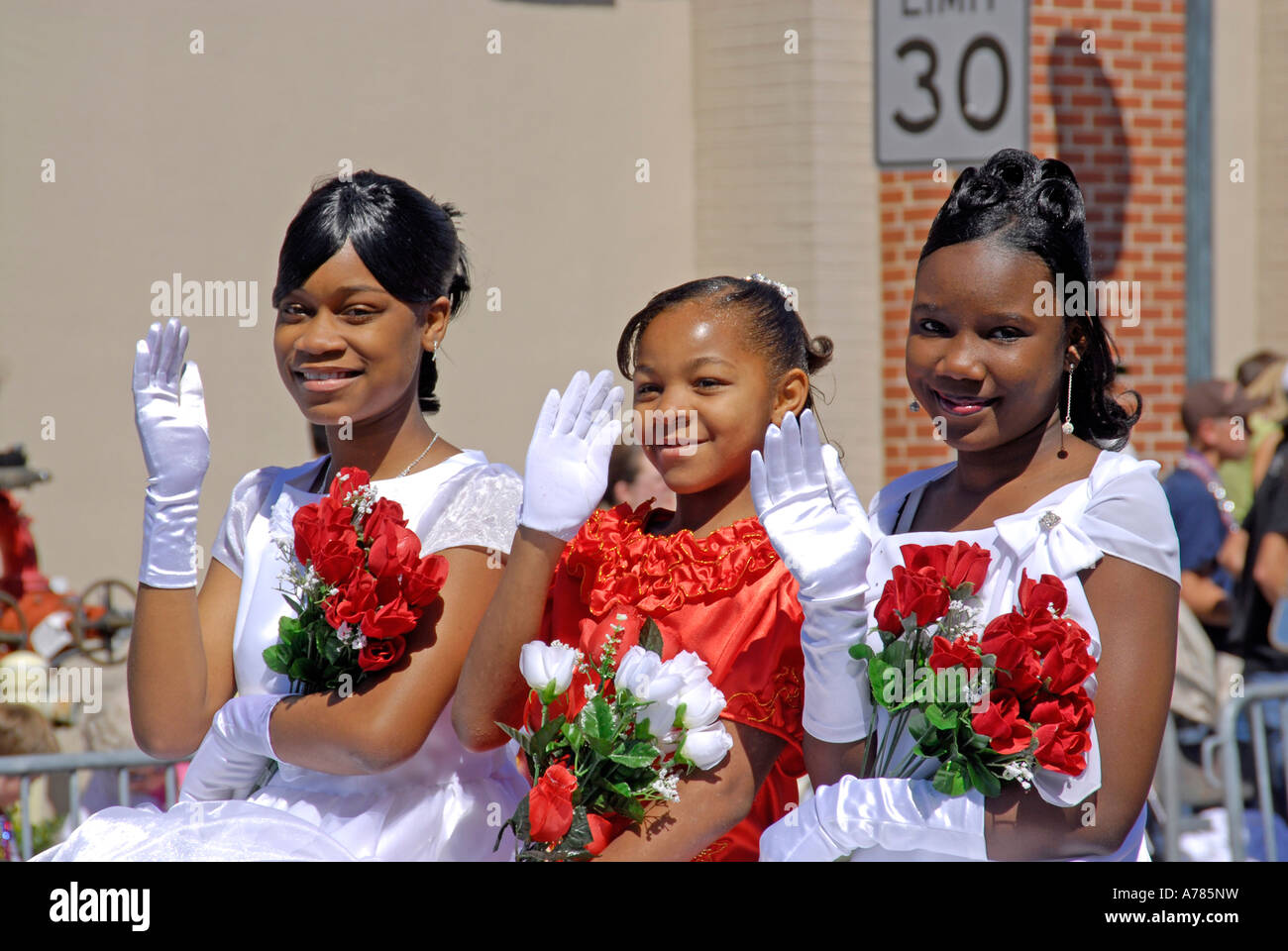 Young African American Beauty Queens Participate in Strawberry Festival Parade Plant City Florida FL FLA USA US Stock Photo