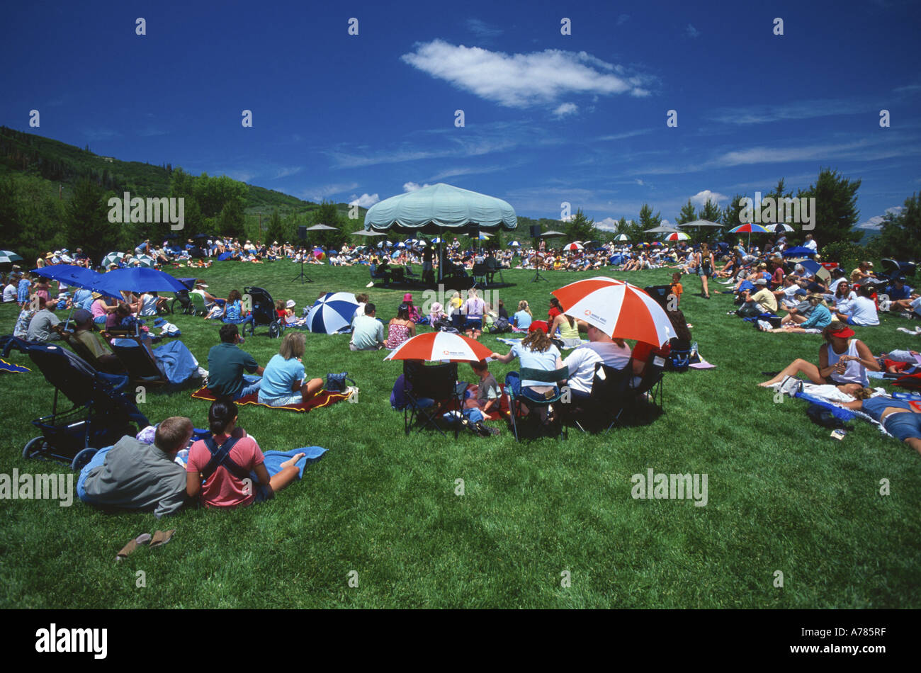 Crowd at outdoor concert Yampa river botanic park, Steamboat Springs, Colorado, USA. Stock Photo