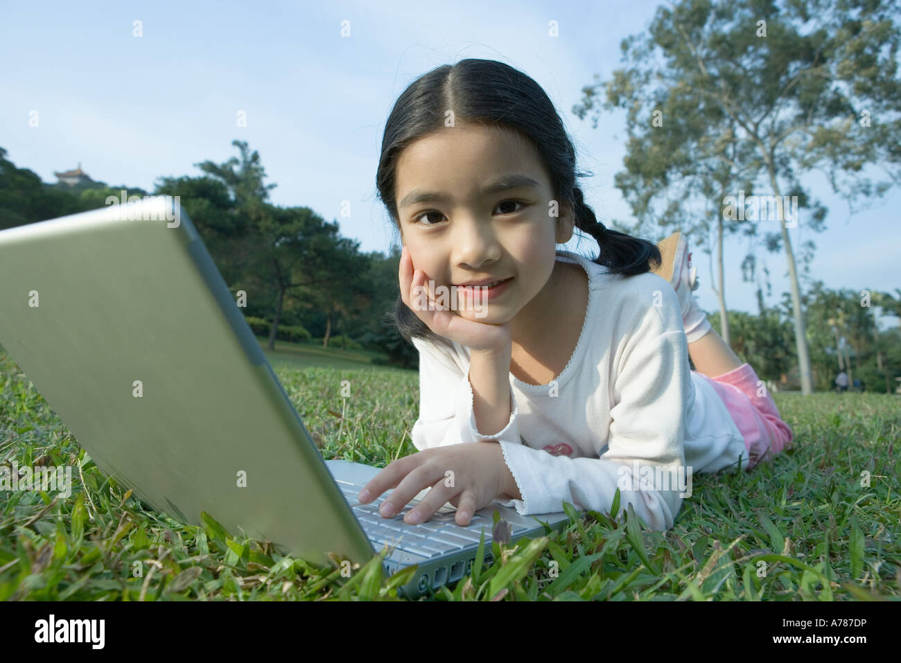 Girl lying on grass using laptop Stock Photo - Alamy