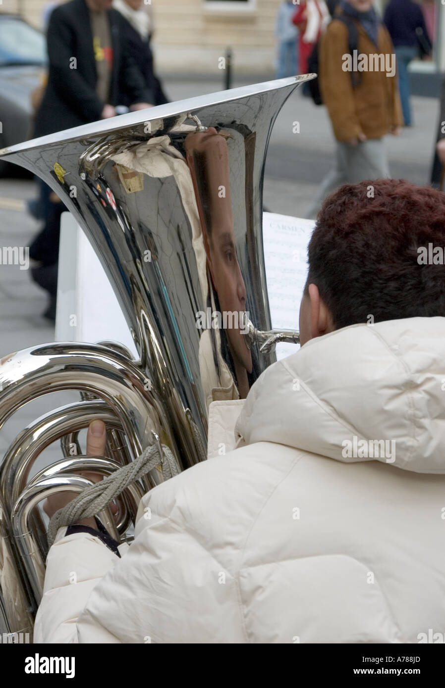 Reflection of Trombone Busker, Bath, UK Stock Photo Alamy